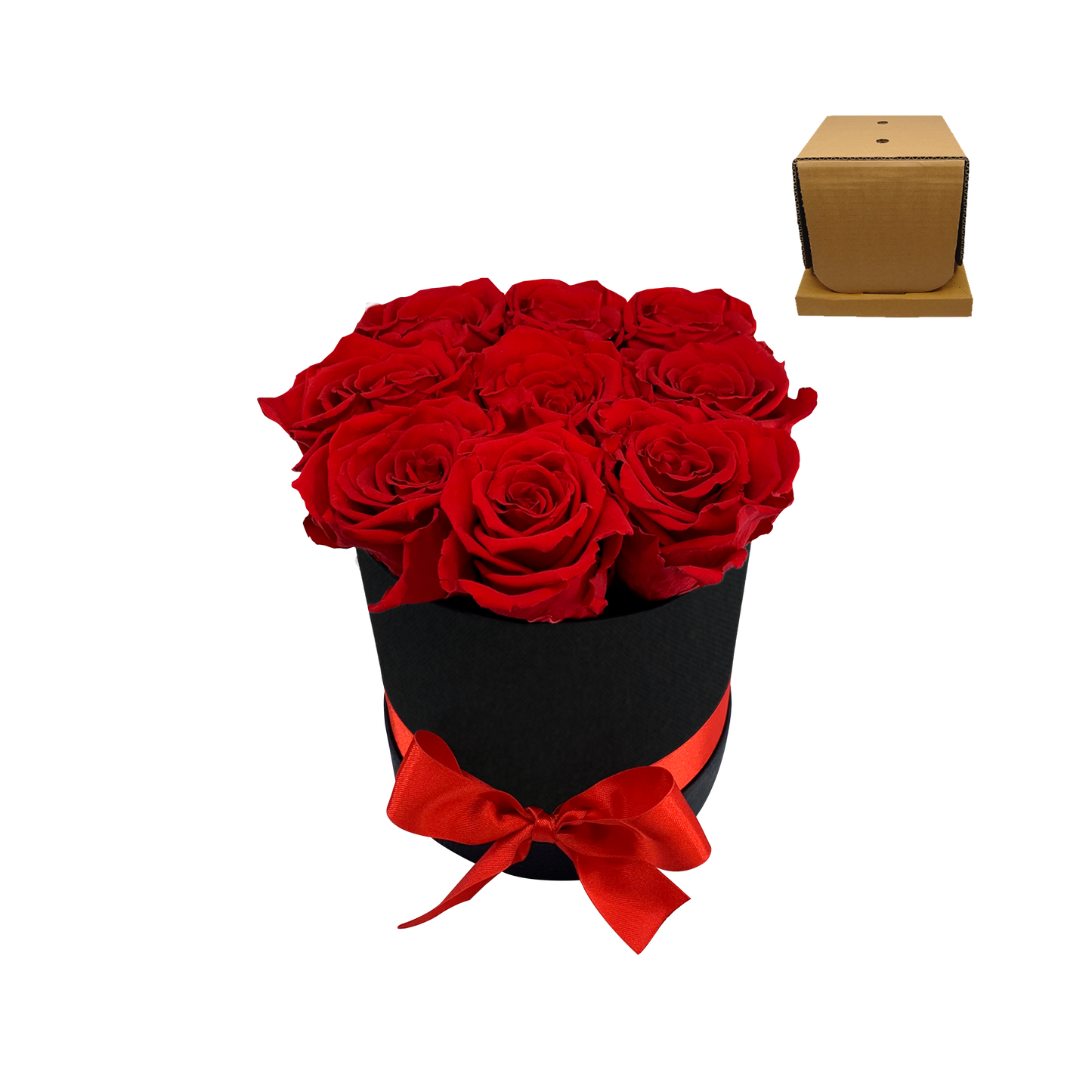 LUXURY 8 ROSEAMOR PRESERVED ROSES ARRANGEMENT - ROUND BOX-Stock