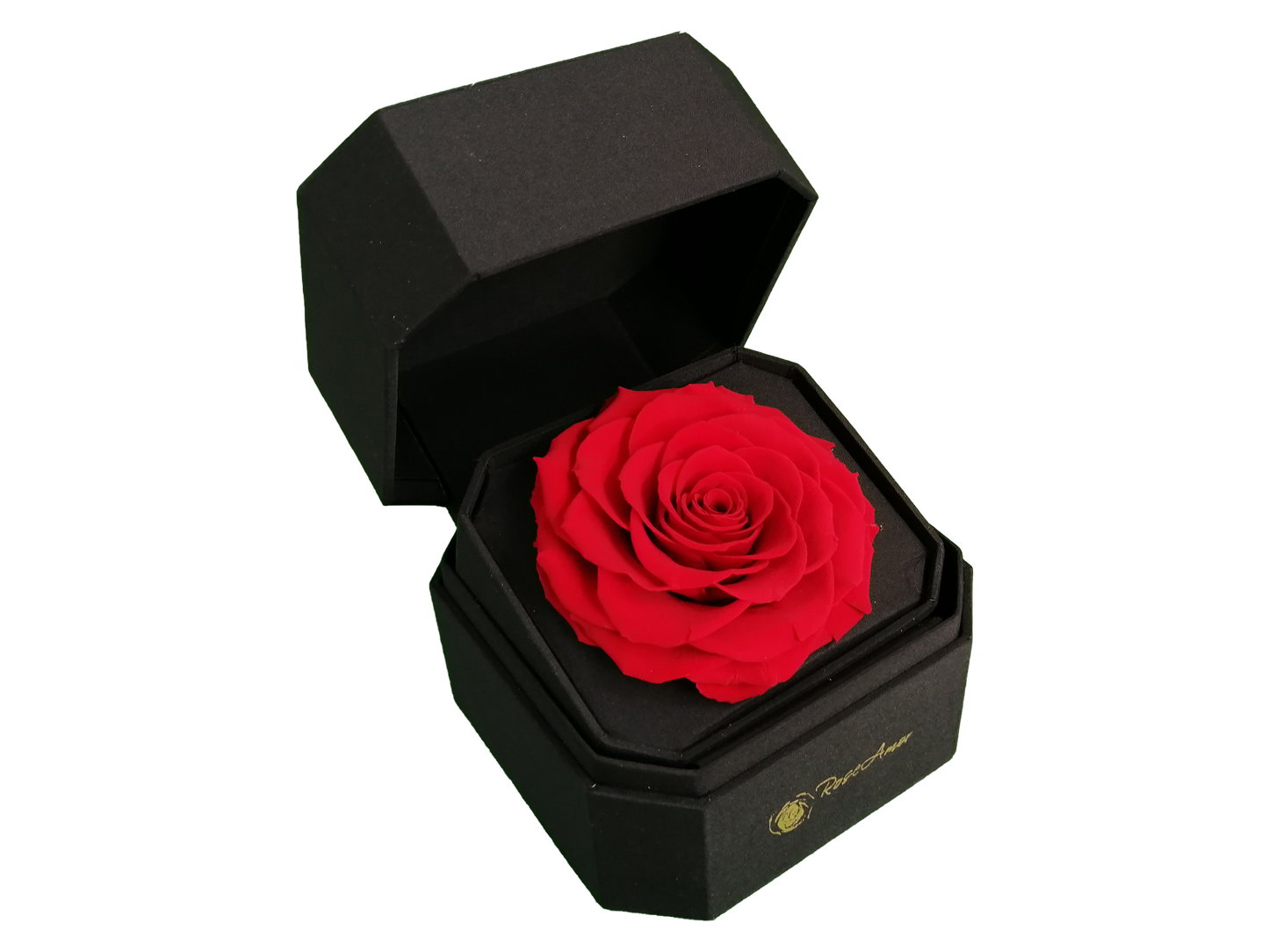 ARREGLO DE 1 ROSA PRESERVADA DE LUJO BONITA - CAJA HEXAGONAL DE CUERO PU PARA REGALO