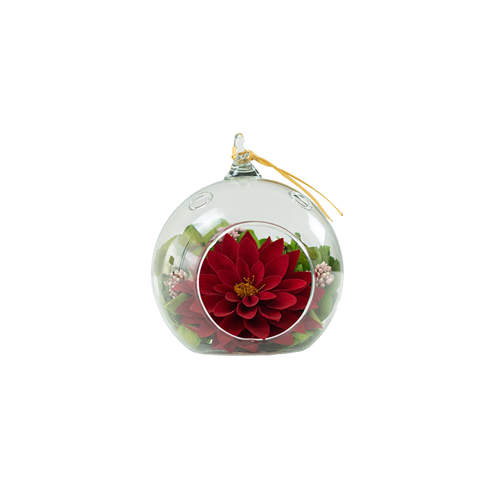 ARREGLO DE LUJO DE 1 ROSA PRESERVADA PEQUEÑA BONITA - ESFERA DE CRISTAL PARA COLGAR CAJA DE REGALO