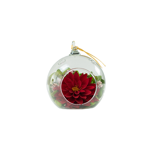 ARREGLO DE LUJO DE 1 ROSA PRESERVADA PEQUEÑA BONITA - ESFERA DE CRISTAL PARA COLGAR CAJA DE REGALO