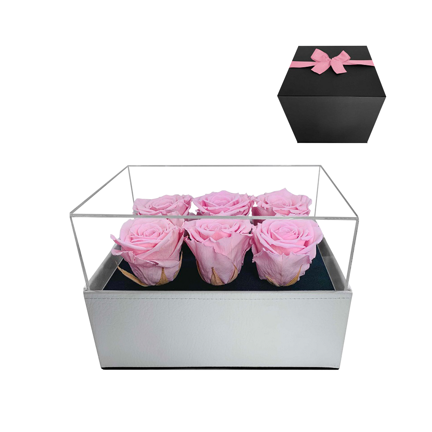 LUXURY 6 PRESERVED ROSES ARRANGEMENT - ACRYLIC TOP AND PU LEATHER BOX