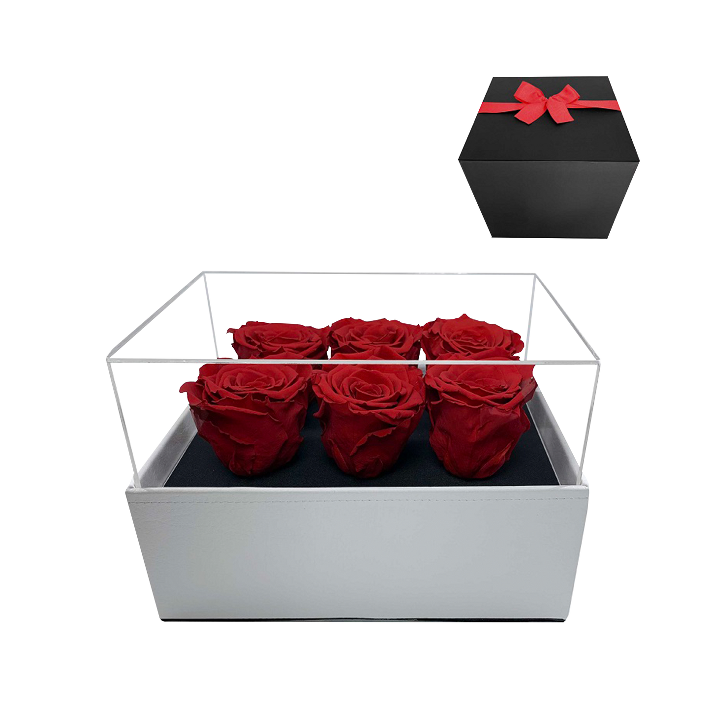 LUXURY 6 PRESERVED ROSES ARRANGEMENT - ACRYLIC TOP AND PU LEATHER BOX