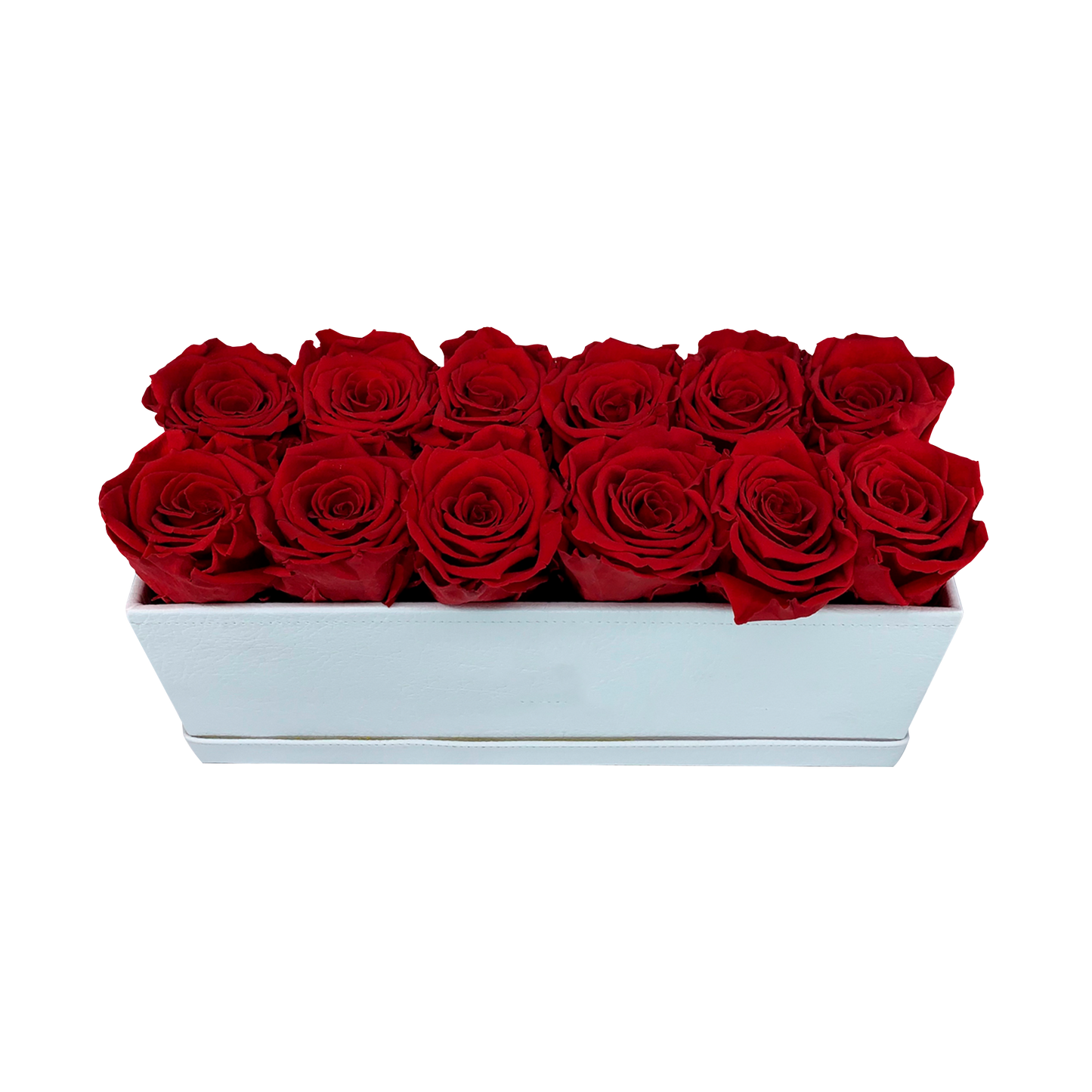 ARREGLO DE LUJO CON 12 ROSAS PRESERVADAS - CAJA RECTANGULAR DE CUERO PU