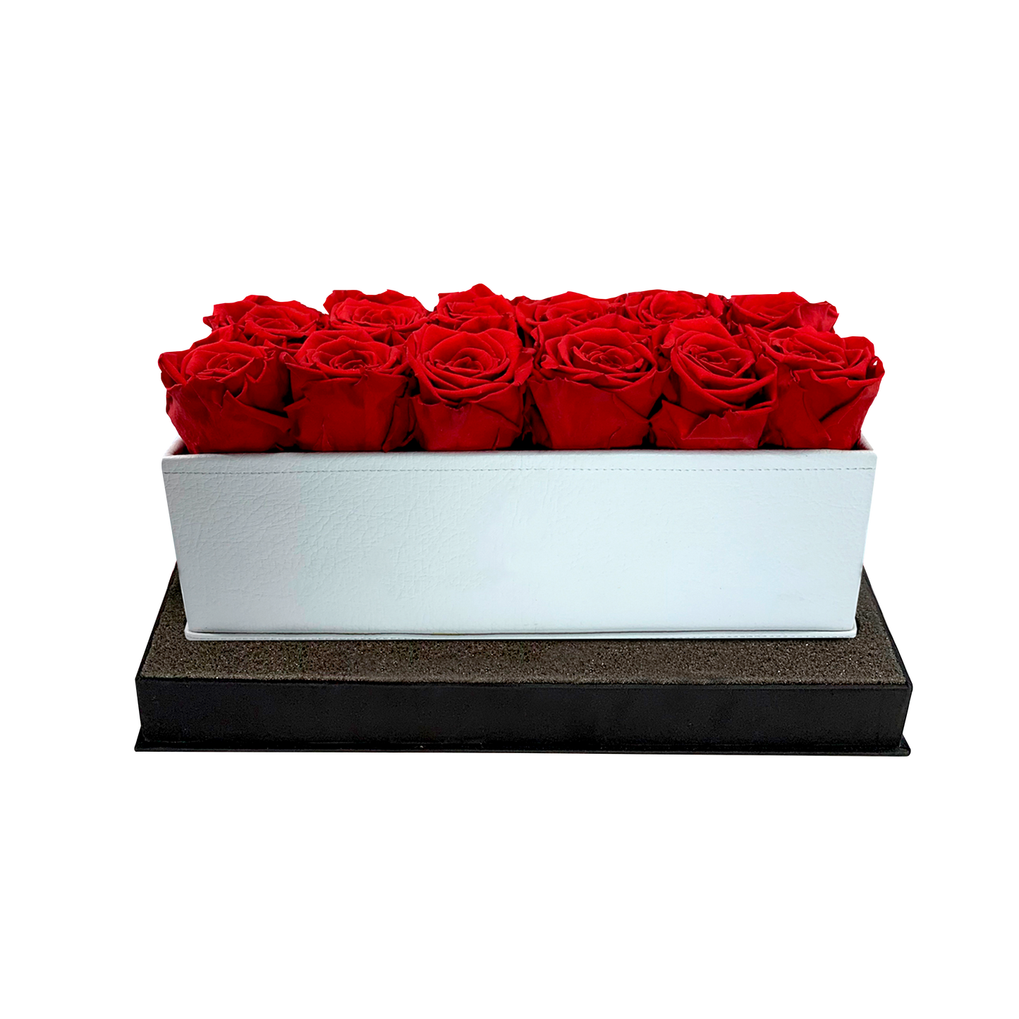 ARREGLO DE LUJO CON 12 ROSAS PRESERVADAS - CAJA RECTANGULAR DE CUERO PU