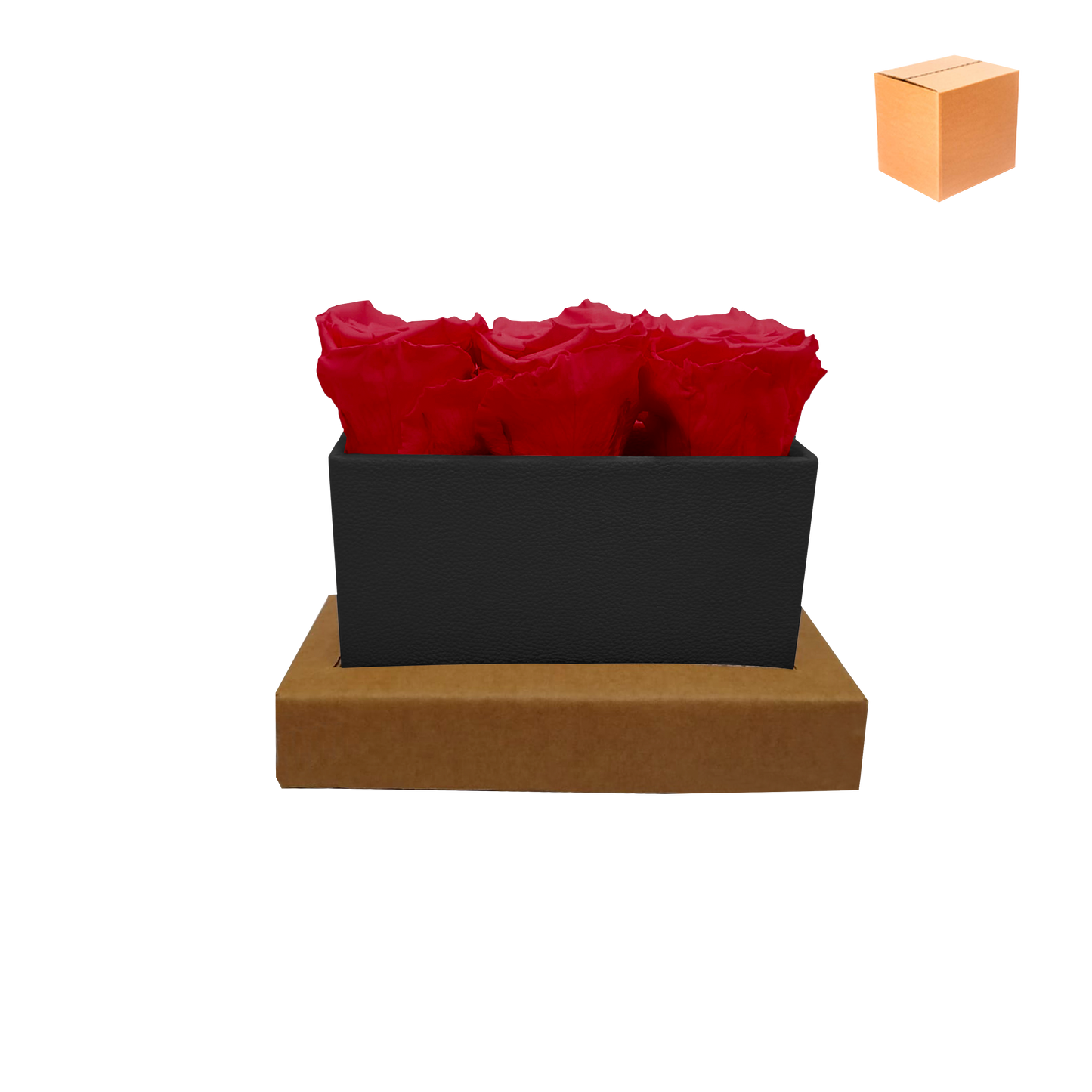 ARREGLO DE LUJO DE 3 ROSAS PRESERVADAS - CAJA RECTANGULAR DE CUERO PU