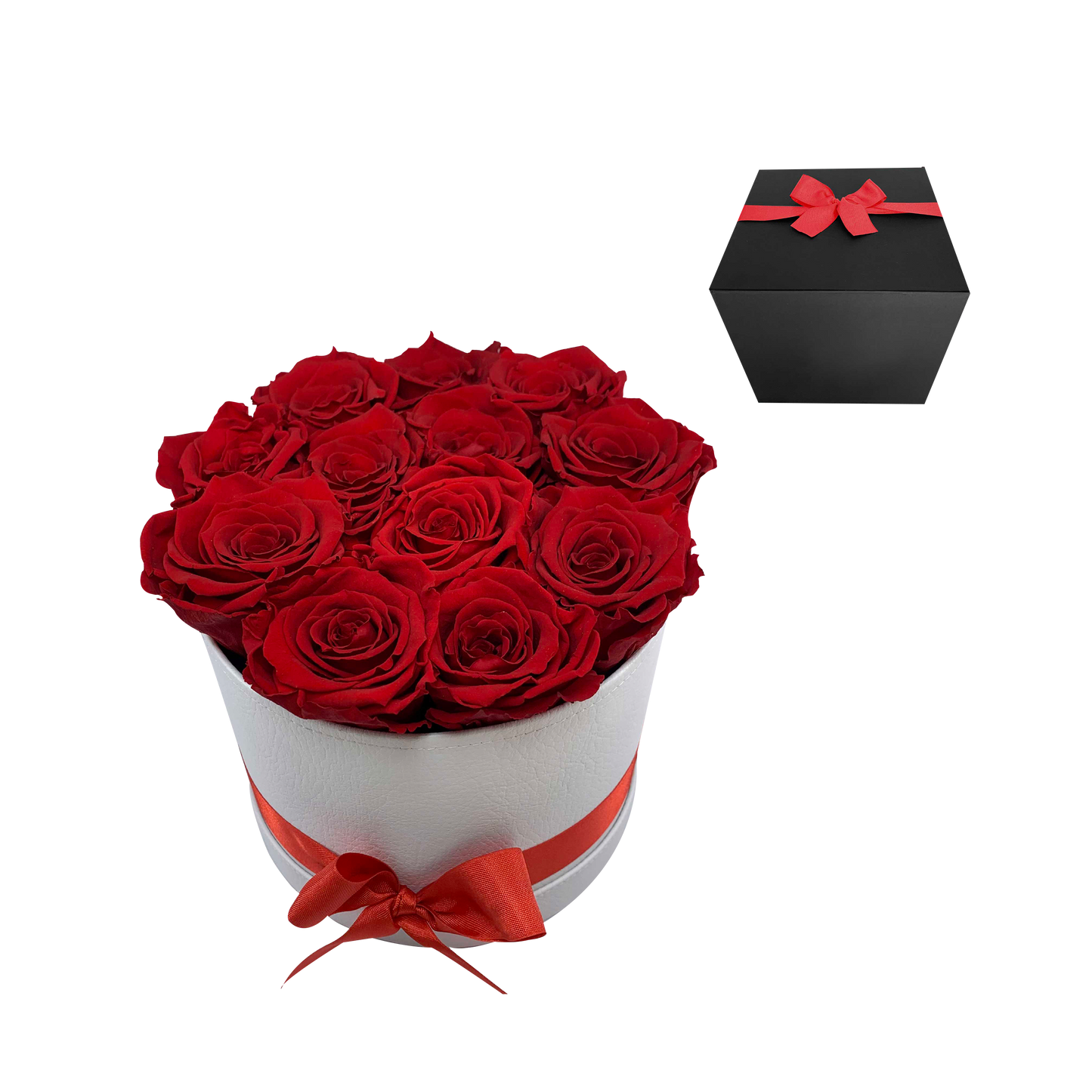 LUXURY 10-12 PRESERVED ROSES ARRANGEMENT - ROUND PU LEATHER BOX