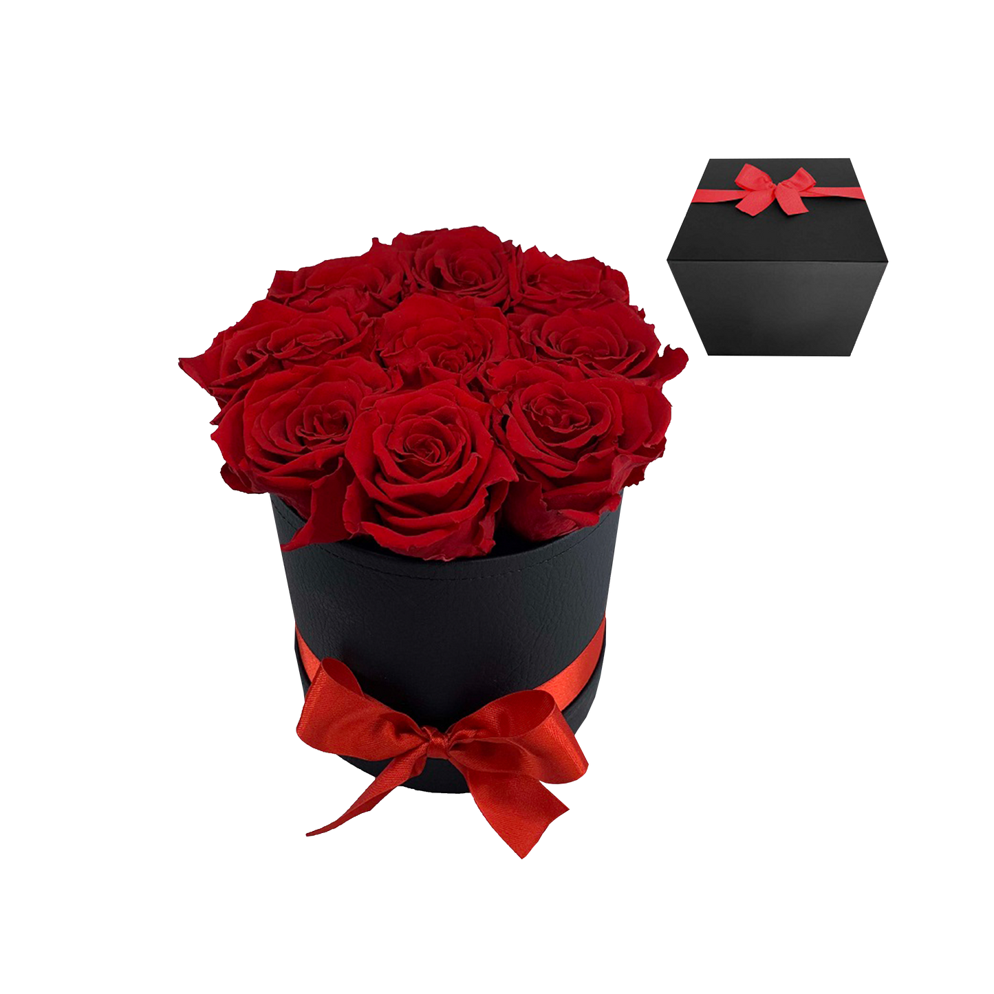 LUXURY 9-10 PRESERVED ROSES ARRANGEMENT - ROUND PU LEATHER BOX