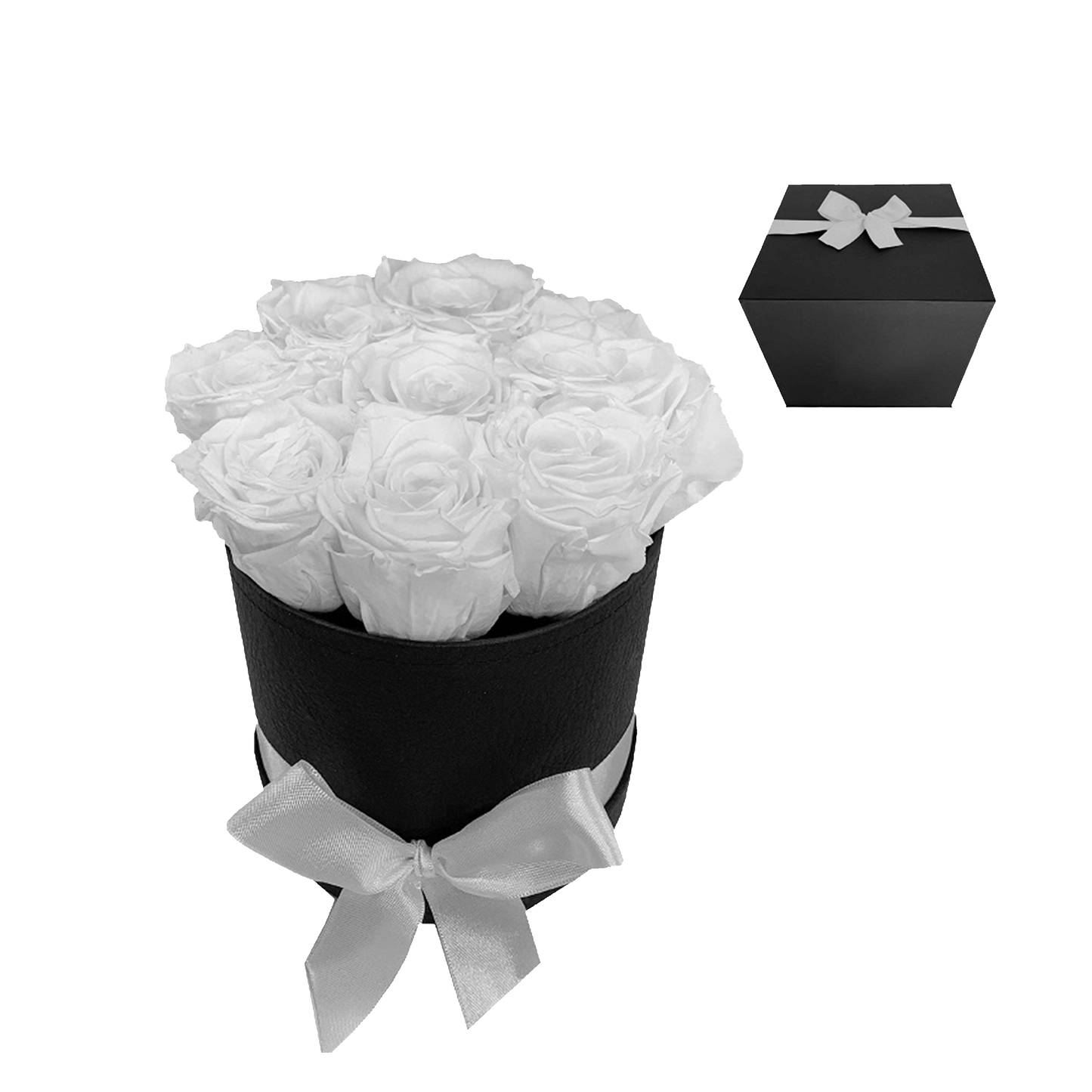 LUXURY 9-10 PRESERVED ROSES ARRANGEMENT - ROUND PU LEATHER BOX