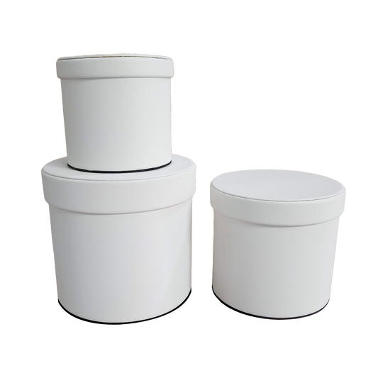 Kit 3 different sizes round shape boxes 3 in 1 - PU Leather White-Stock