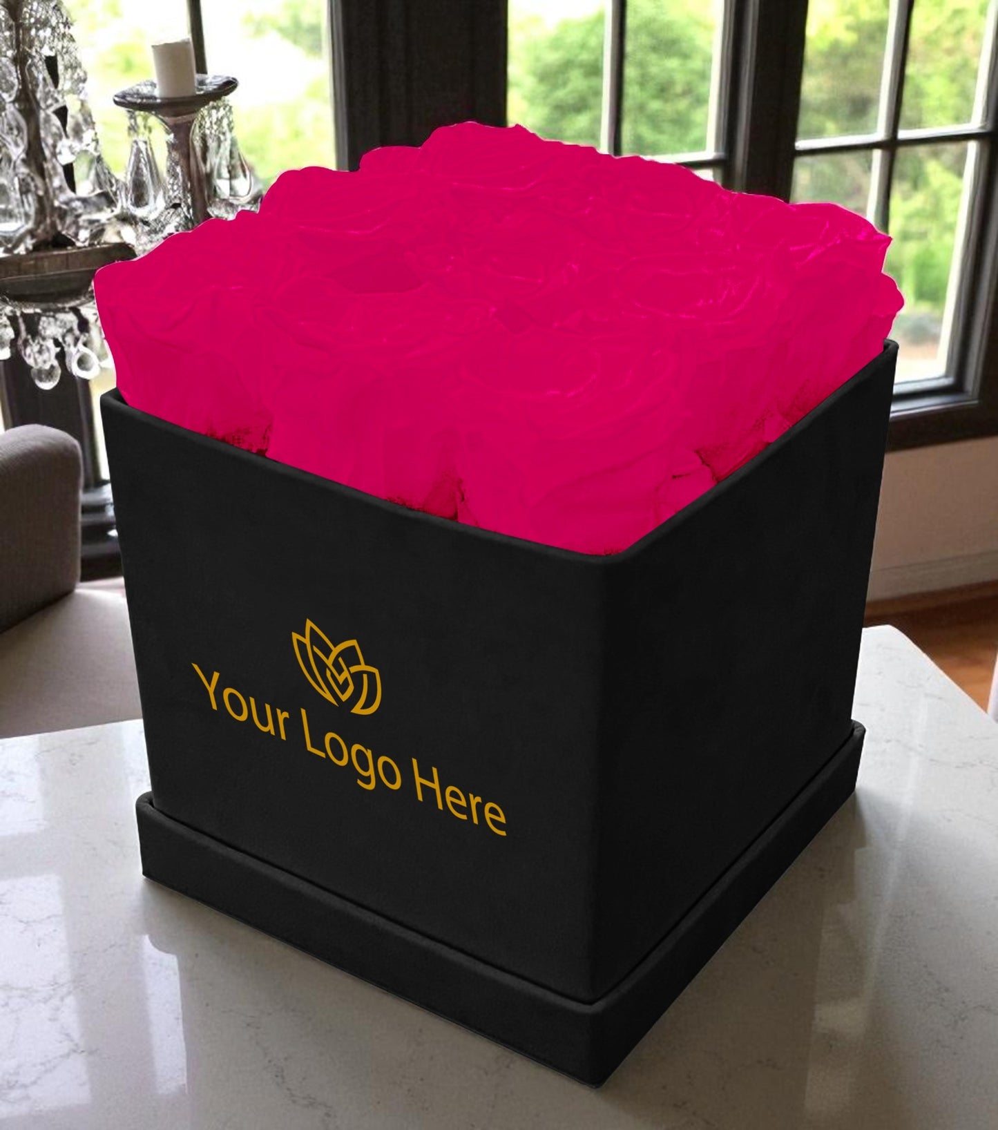 Branded Square Floral Arrangement | 9 Preserved Roses, Fast Shipping
