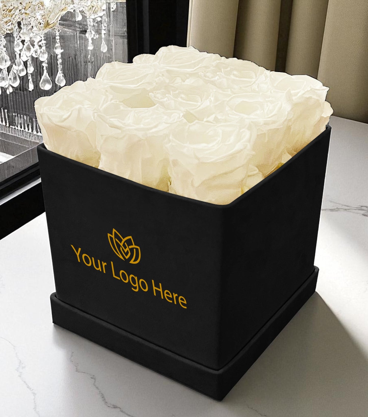 Branded Square Floral Arrangement | 9 Preserved Roses, Fast Shipping