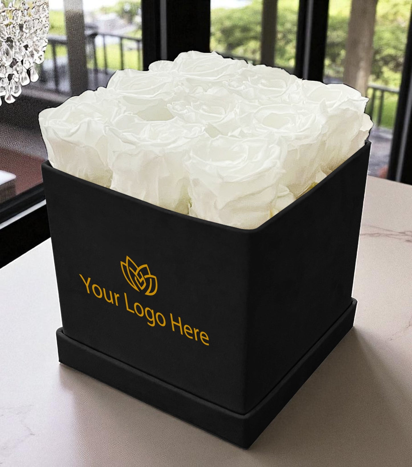Branded Square Floral Arrangement | 9 Preserved Roses, Fast Shipping