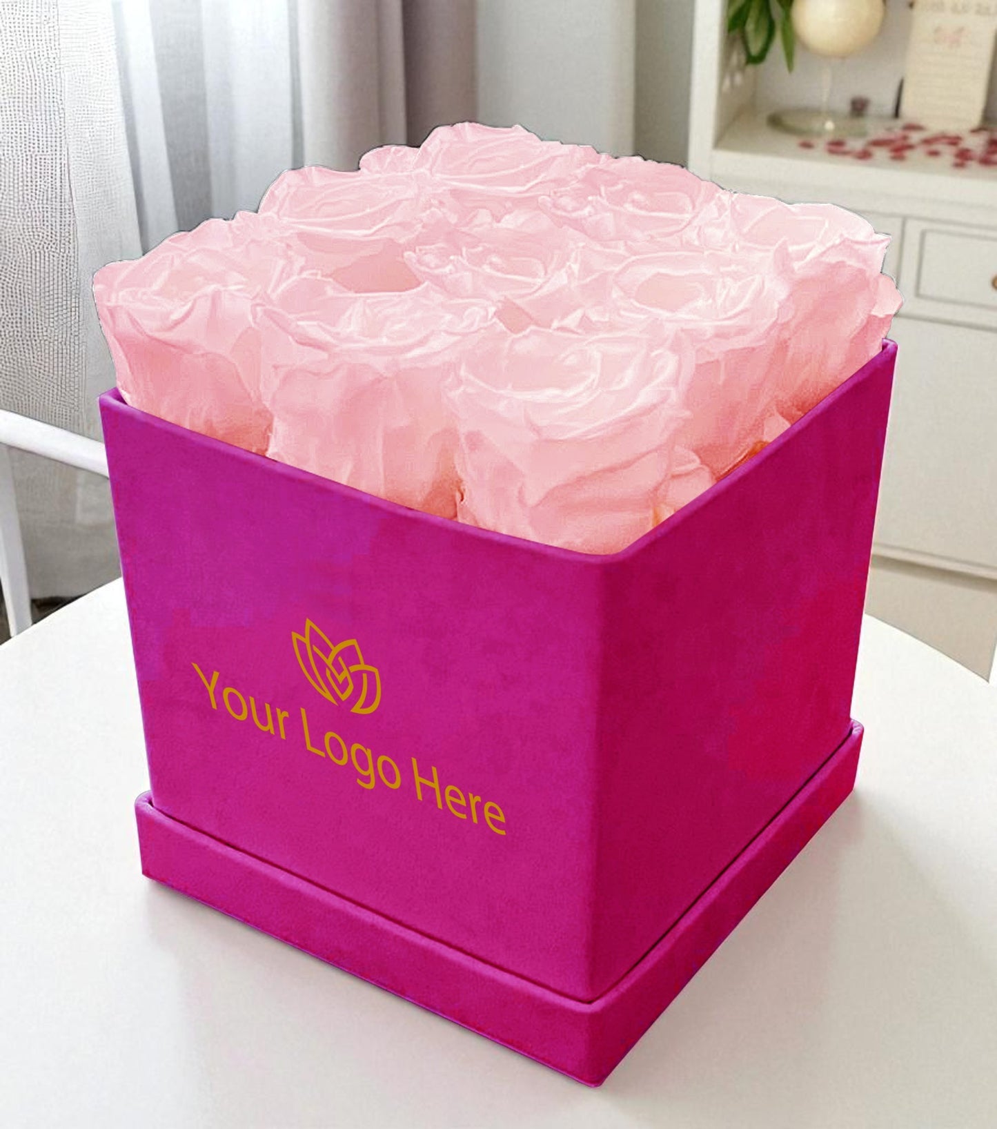 Branded Square Floral Arrangement | 9 Preserved Roses, Fast Shipping