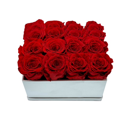 LUXURY 16 PRESERVED ROSES ARRANGEMENT - SQUARE PU LEATHER BOX - BMade