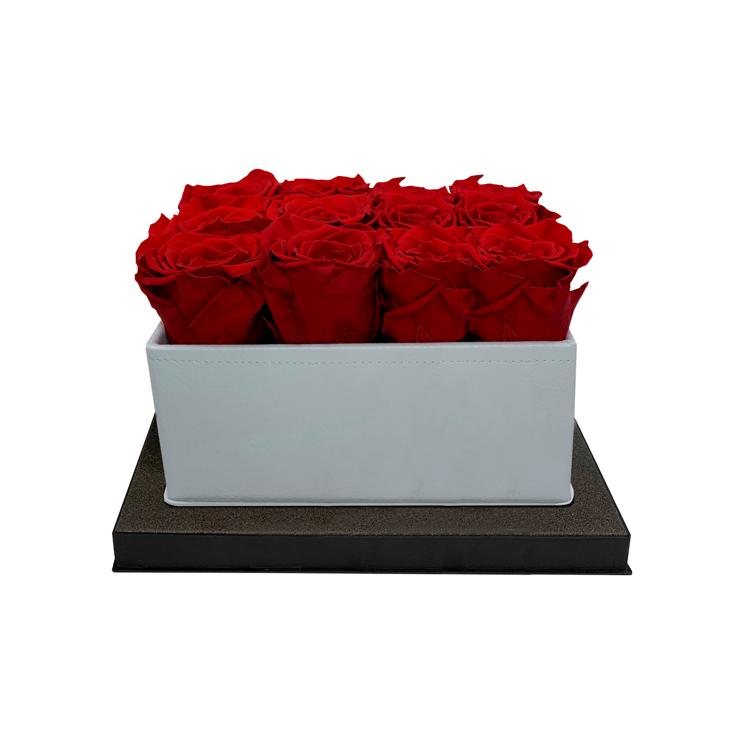 ARREGLO DE LUJO DE 16 ROSAS PRESERVADAS - CAJA CUADRADA DE CUERO PU