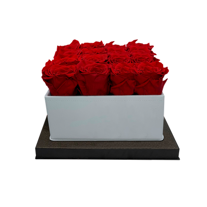 LUXURY 16 PRESERVED ROSES ARRANGEMENT - SQUARE PU LEATHER BOX - BMade