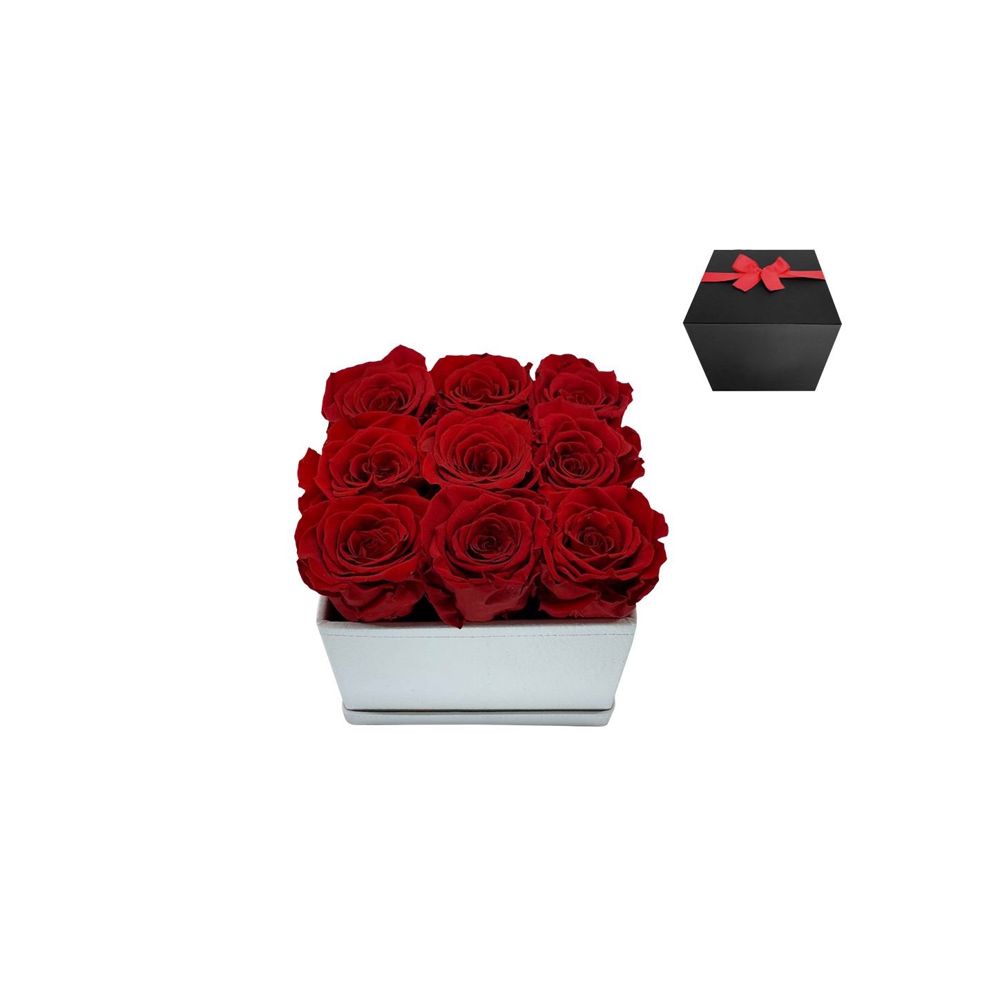 LUXURY 9 PRESERVED ROSES ARRANGEMENT - SQUARE PU LEATHER BOX