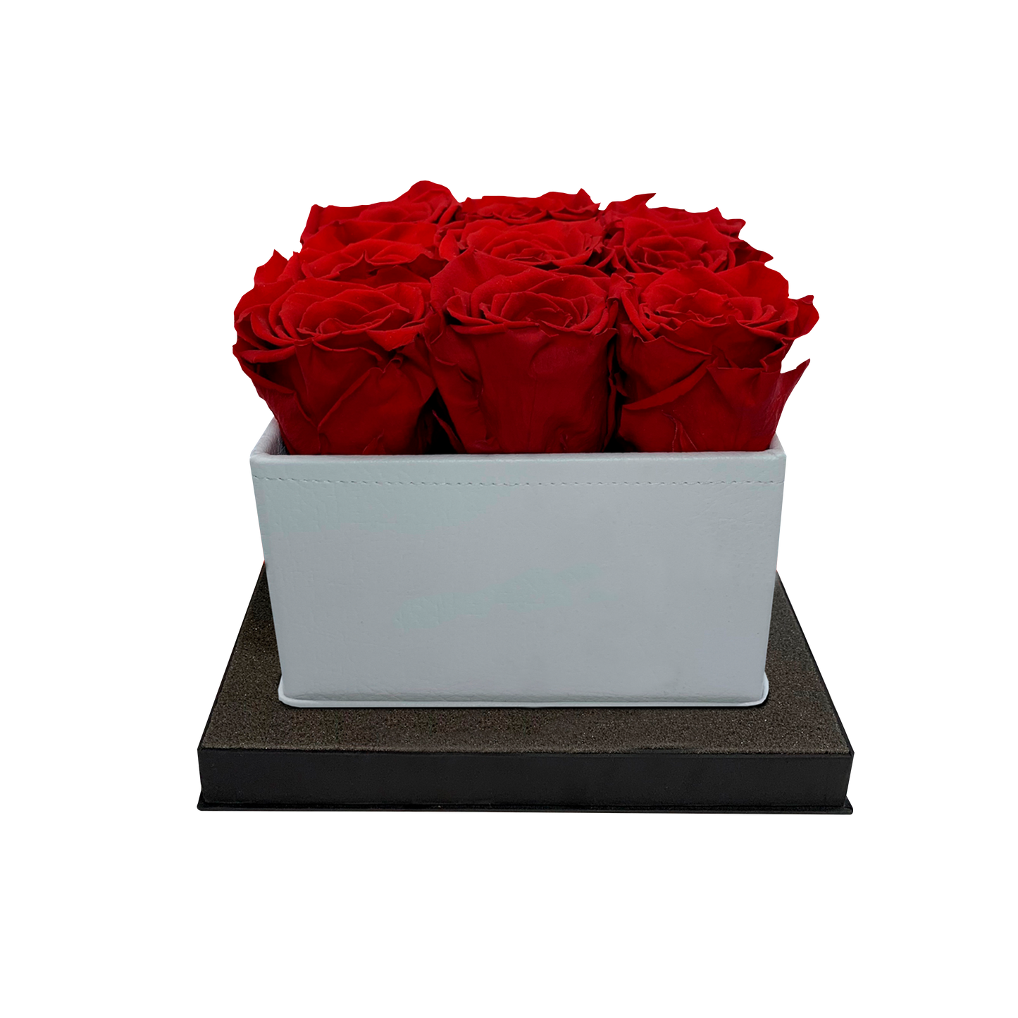 ARREGLO DE LUJO DE 9 ROSAS PRESERVADAS - CAJA CUADRADA DE CUERO PU